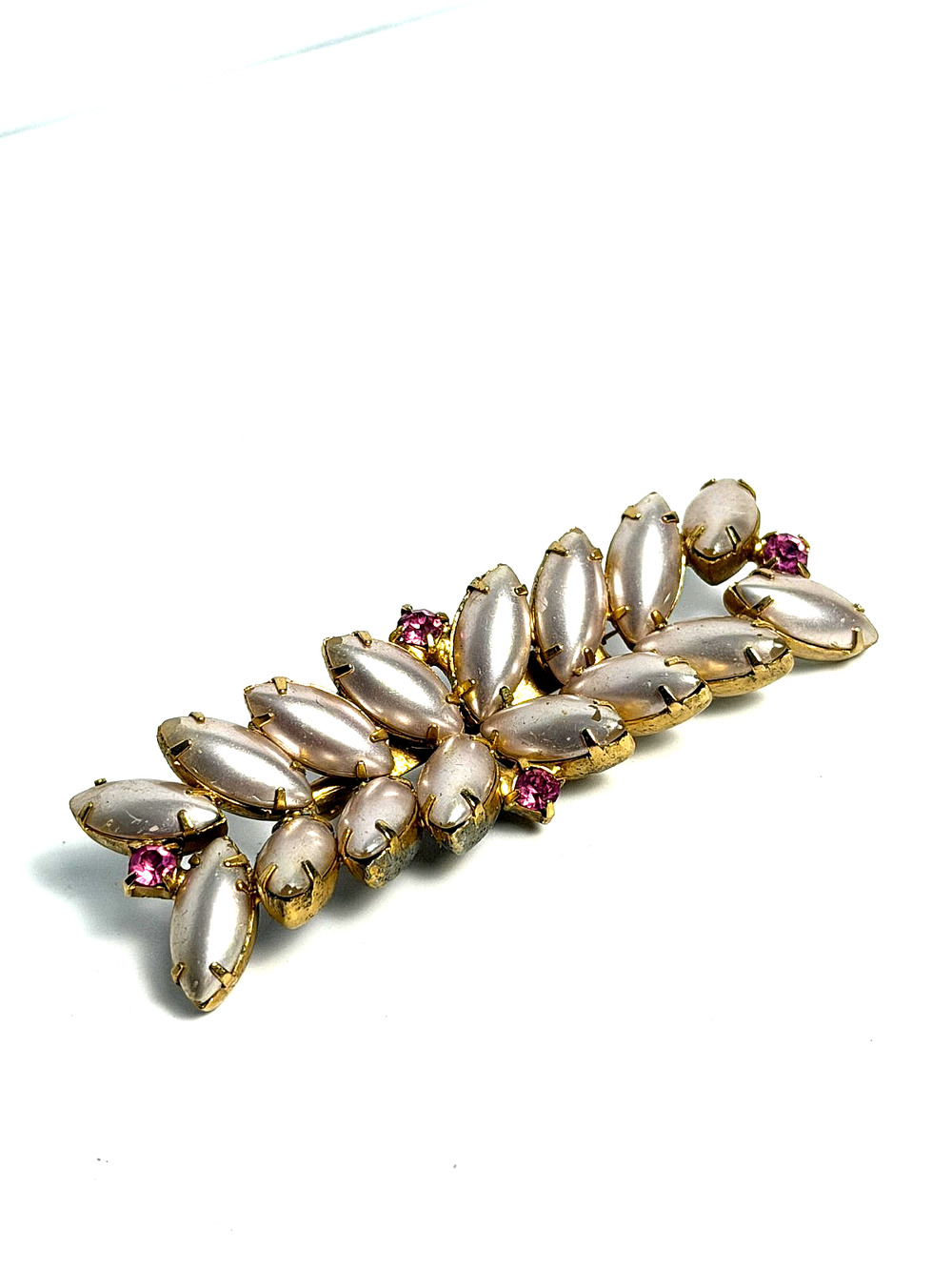Vintage 1950s Pink Rhinestone Pearl Navette Leaf Brooch Gold Tone Statement